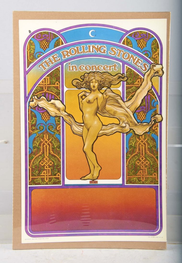 Rare Rolling Stones David Byrd Tour Poster: This art nouveau style artwork features a nude woman at the center and a space at the bottom for specific concert information to be printed. Marked Copyright 1969 Stone Promotions Limited - Tea Lautre