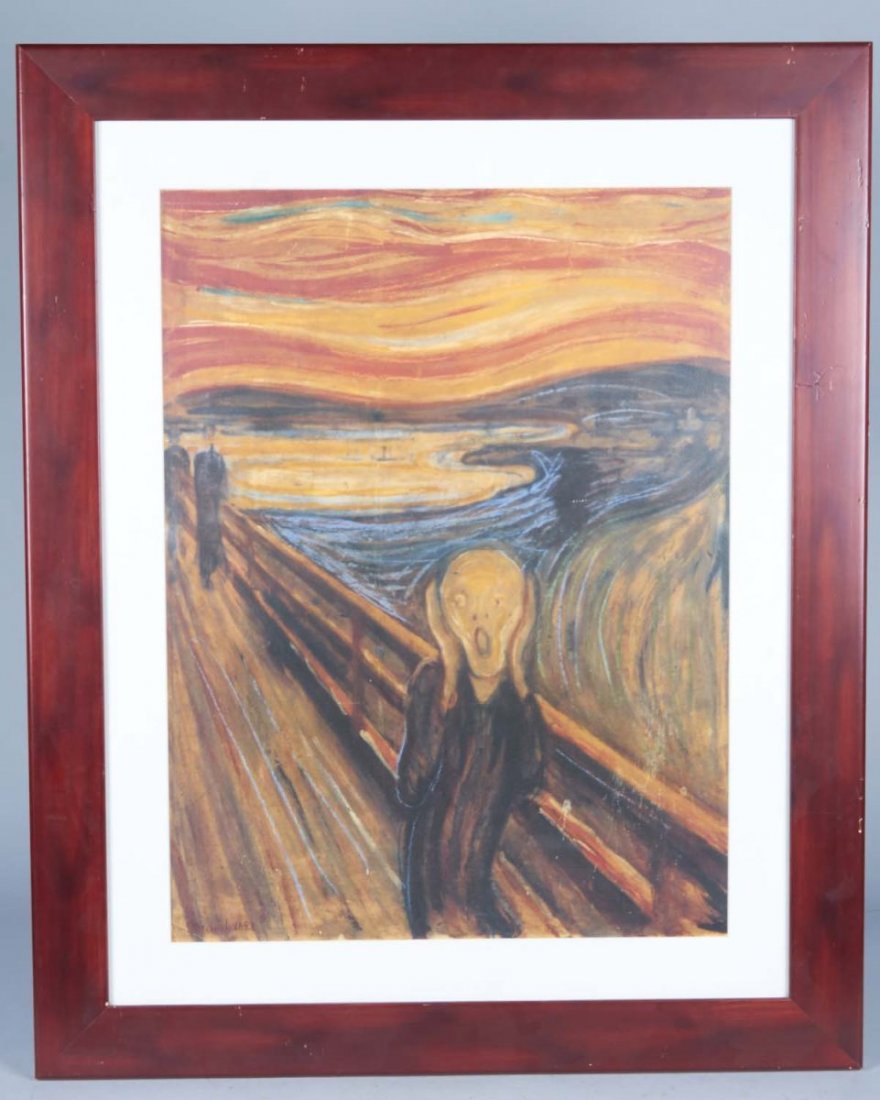 "The Scream" Edvard Munch Print In Frame: From the well known Scandinavian 1893 painting. Contemporary. Condition (Excellent). Size 28" x 35"