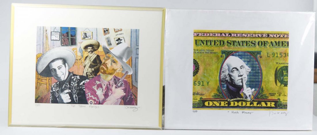 Lot Of 2: Nelson De La Nuez Prints: Including 1 - "Hush Money" 1999 featuring George Washington and 1 - "The Three Amigos" 1993 in frame. Condition (Excellent). Size Both 20" x 16"