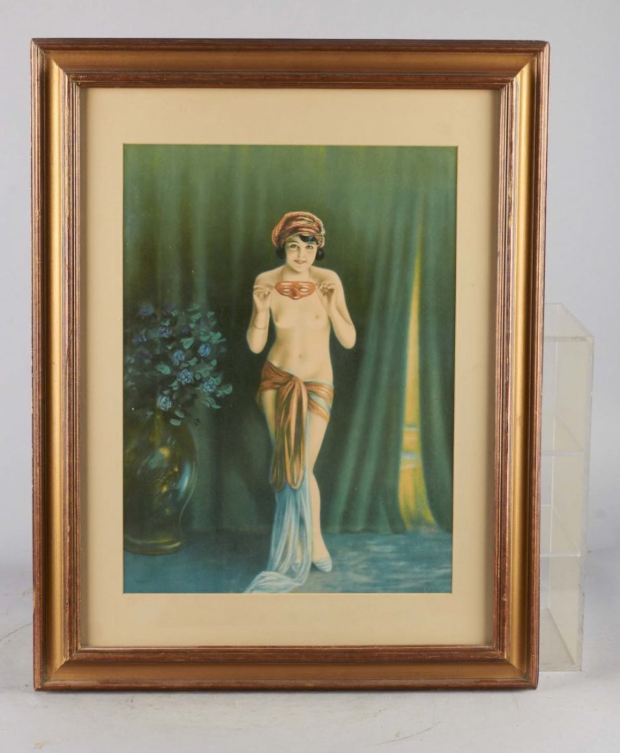 Lot Of 3: Nude Prints In Frames: Including 1 - Harem dancer (18" x 24"), 1 - with girl holding mask, marked Printed in U.S.A. © 1930. (21" x 27"), and 1 - Calendar topper from Faffords Tavern, Saxon. Wis. with art by Mabel Rollins H
