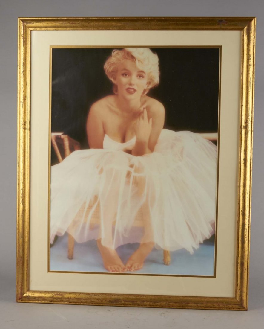 Marilyn Monroe Print In Gold Frame: Print features Marilyn Monroe seated in a ballet dress. From the famous 1954 photo session with photographer Milton Greene. Condition (Excellent). Size 26" x 33"