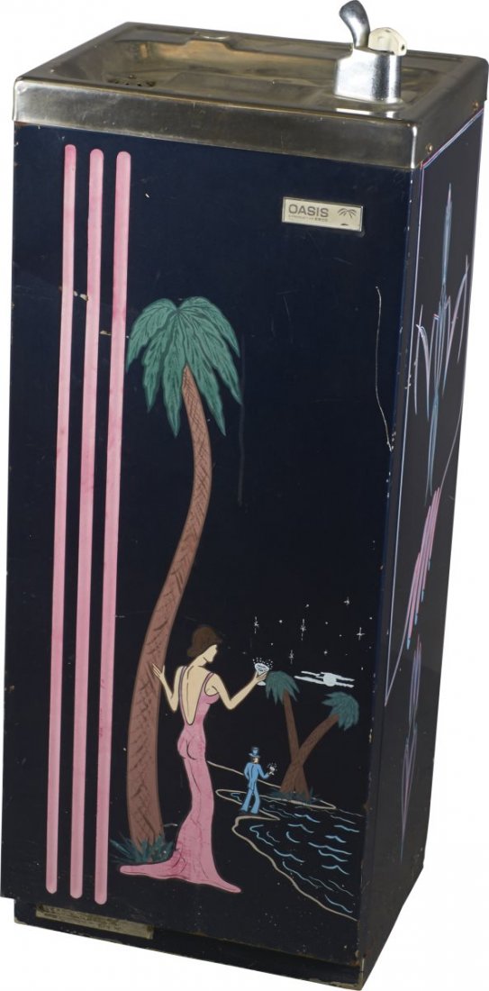 Oasis Water Fountain: Featuring contemporary pinstriping and romantic rendering of a night on the beach. Circa 1960s. Condition (Good). Size 43-1/2" T.