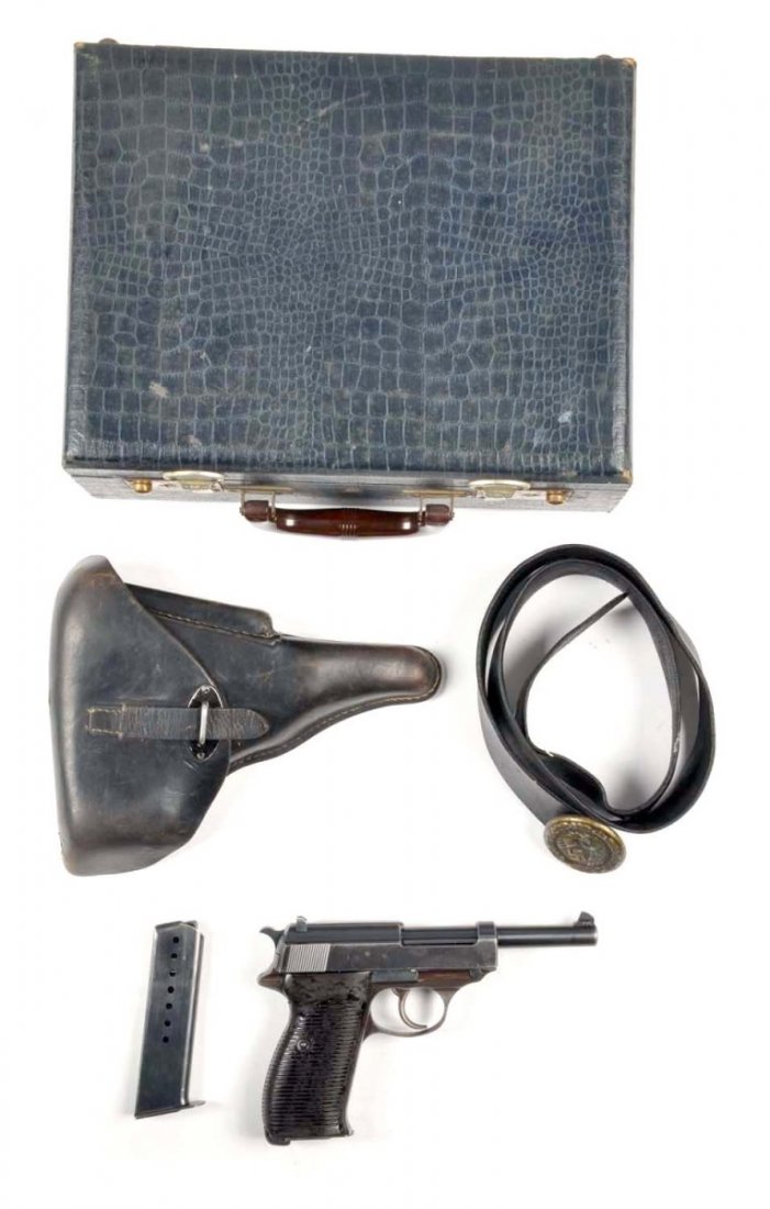 **Nazi Marked Walther P.38 With Capture Papers.: Serial # 4176J Beautiful high condition mid-war AC-43 with matching numbers chambered for the 9mm cartridge, with a 5" barrel, blued finish, and black composite plastic grips. Near mint bore and perfe