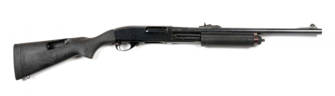 **Remington 870 Pump Action Shotgun.: Serial # S051585V This is your standard 12 ga., 2-3/4" shell, 20" slug barrel, with black composite stocks. Gun has seen use with hunting scratches and typical war wounds. Rear stock holds extra shell