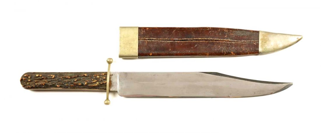 Joseph Rodgers & Sons Bowie Knife.: This impressive bowie knife was manufactured in the 1860's in Pond Hill, Sheffield. It is a large clip point with a 9-7/8" blade, maker stamped on ricasso. Features include German silver quillion, sta