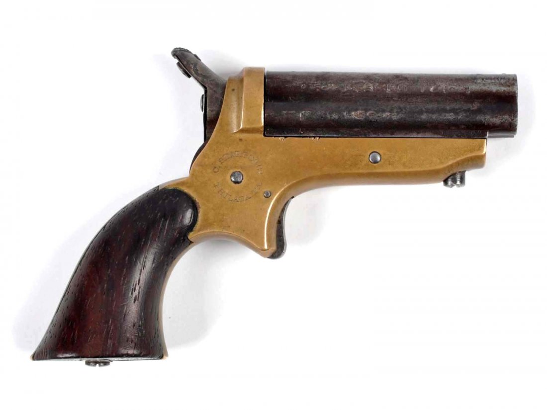 Sharps 4-Shot Pepperbox Pistol.: Serial # 24174 Offered is a Model 1B with the fluted standing breach and the rounded grip to frame. It is a spur trigger, has 2-1/2" barrels, chambered for the .22 rimfire cartridge. Hammer rotation w