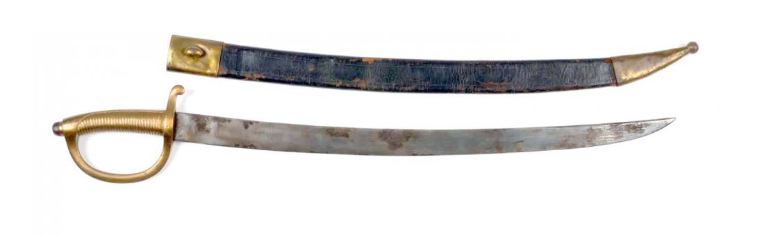 British Sword.: Front tang is stamped but not legible. Sword closely resembles a British model 1804 cutlass. Handle is a one piece brass spiral D guard. Correct scabbard included. Condition (Good). Size 34"
