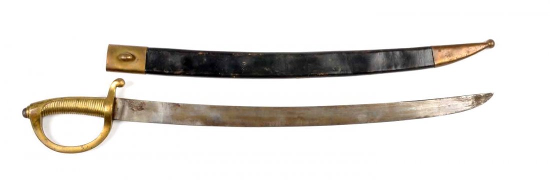 British Sword.: Front tang marked "CR (only mark). This example closely resembles a British model 1804 cutlass. Handle is a one piece brass spiral D guard. Correct scabbard included. Condition (Good). Size 30"