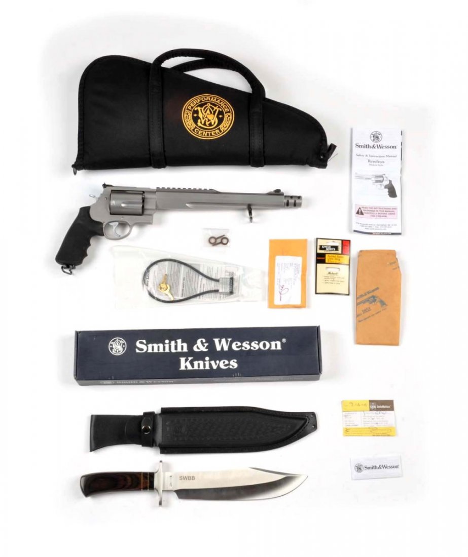 **S&W Model 500 Revolver & Bowie.: Serial # JNM3932 Set comes in the white shipping box to include: the gun is a Smith & Wesson stainless double action performance center revolver chambered for the .500 Smith & Wesson magnum cartridge.