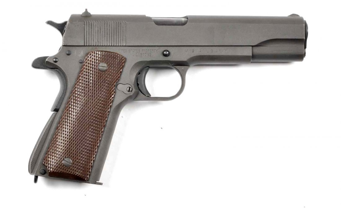 **Near New Ithaca (Colt) Model 1911 Pistol.: Serial # 1458069 This is a standard World War II 1911 semi-automatic pistol manufactured by Ithaca in 1943. Features a 5" barrel, parkerized finish, semi-automatic, chambered for the .45 ACP cartridge