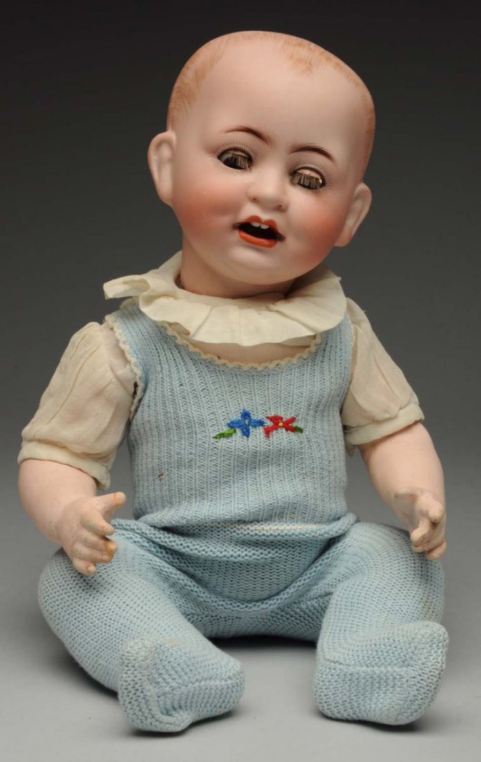 Smiling ABG Character Doll.: German bisque socket head incised “AB&G 1322/38” (small flake on neck socket) by Alt, Beck, and Gottschalck with solid dome head and molded hair, multistroked eyebrows, lashes sleeping eyes, open 