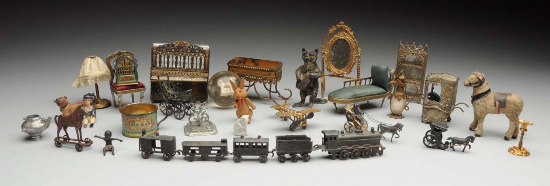 Large Lot Of Antique Miniatures.: Soft metal piano, sedan chair, book case, bird cage, settee, chair, table, standing mirror; metal train, buggy, airplane, horse pulling mother-of-pearl carriage, shell ewer, D.L. Clark Zig Zag tin adv