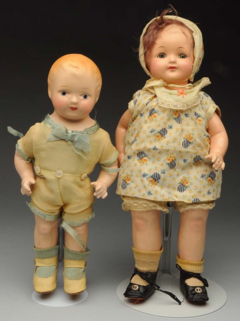 Lot of 2: Composition Dolls.: Effanbee “Baby Dainty” composition head, arms and legs (light crazing, wig sparse in front, needs cleaning), sleeping eyes, all original clothing. Unmarked boy with molded hair, original silk suit