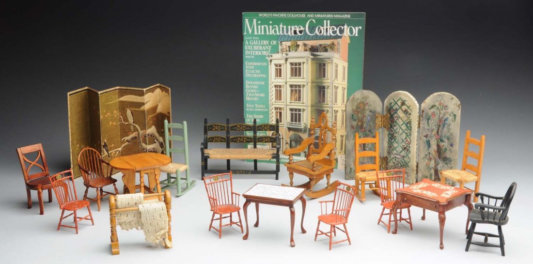 Lot OF: Vintage Doll House Furniture.: Consists of 19 pieces of furniture, some really unique, fabulous, inlaid delft tile table, a game table, a drop leaf table to name a few. Large assortment of chairs. Condition (Very Good). Size Talles