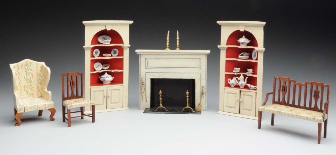 TynieToy 6 Piece Furniture Set With Accessories.: 1920's - 40's. Marked Set. Includes matching corner cupboards with a pretty china set on display, wing chair, settee with matching chair, fireplace with metal fireplace tools, fireplace cardboard inse