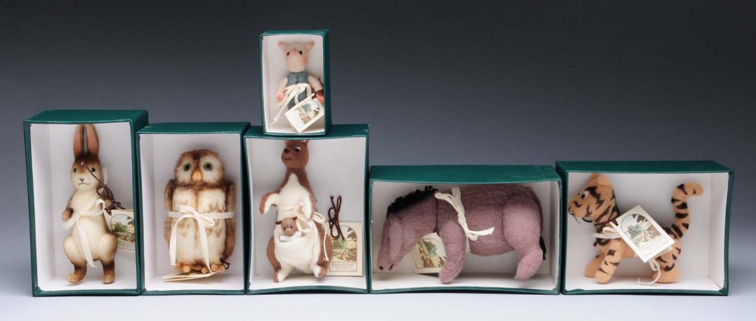 R. John Wright “Pocket Friends”.: “Piglet” No. 446, “Rabbit” No. 648, “Kanga & Roo” No. 1335, “Owl” No. 618, “Eeyore” No. 1415, “Tigger” No. 1810. These companions accompany the 11” “Christopher Robin & Win