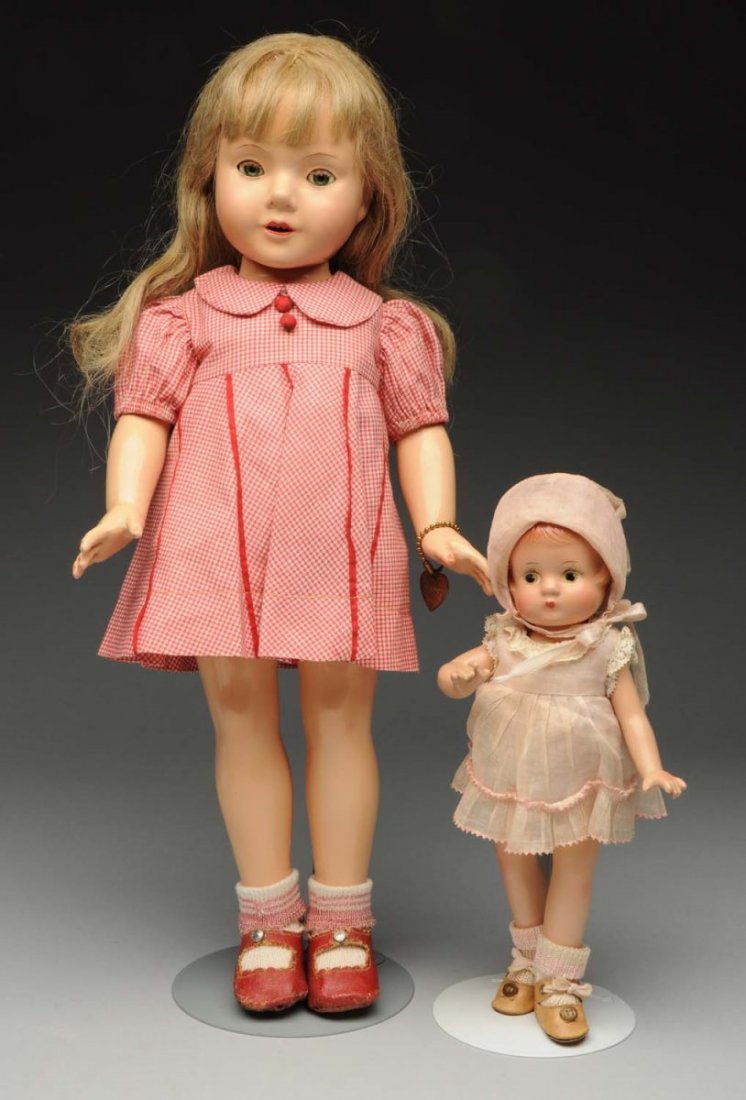 Lot Of 2: Effanbee Composition Dolls.: Patsyette with red molded hair, painted eyes (overall light soil and crazing), original dress, undies, hat, shoes and socks. Dewees Cochran "Barbara Joan" child (professional repair on lower face) wit
