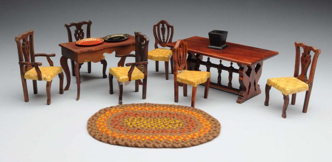 TynieToy 9 Piece Wing Room Set.: Includes additional accessories. 1920's - 40's. Set is marked includes table. two captains chairs, four chairs - all chairs have matching seats, side table, rug, and two metal serving trays and a wood
