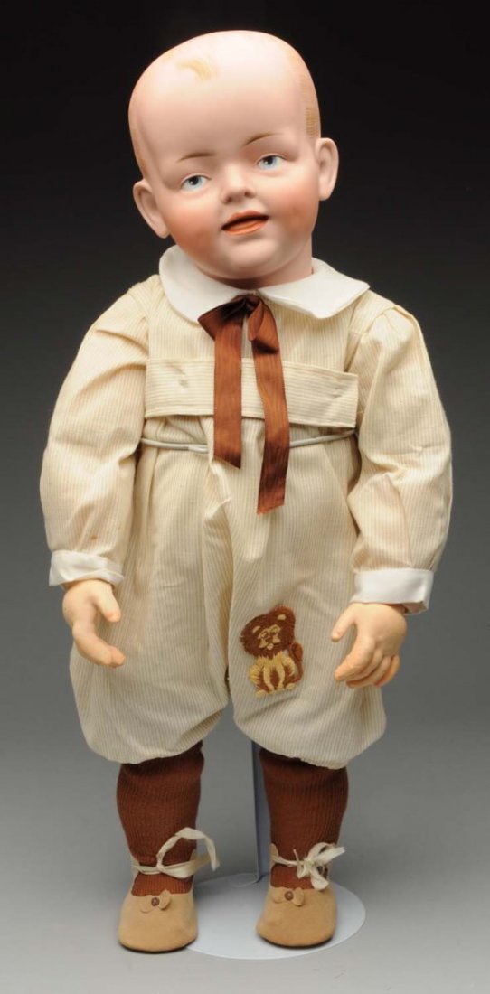Splendid K & H Character Toddler Doll.: German bisque socket head incised “K & H 548” with solid dome head and painted hair, multistroked eyebrows, painted blue intaglio eyes with red eyelid line and black eyelash line, large ears, open