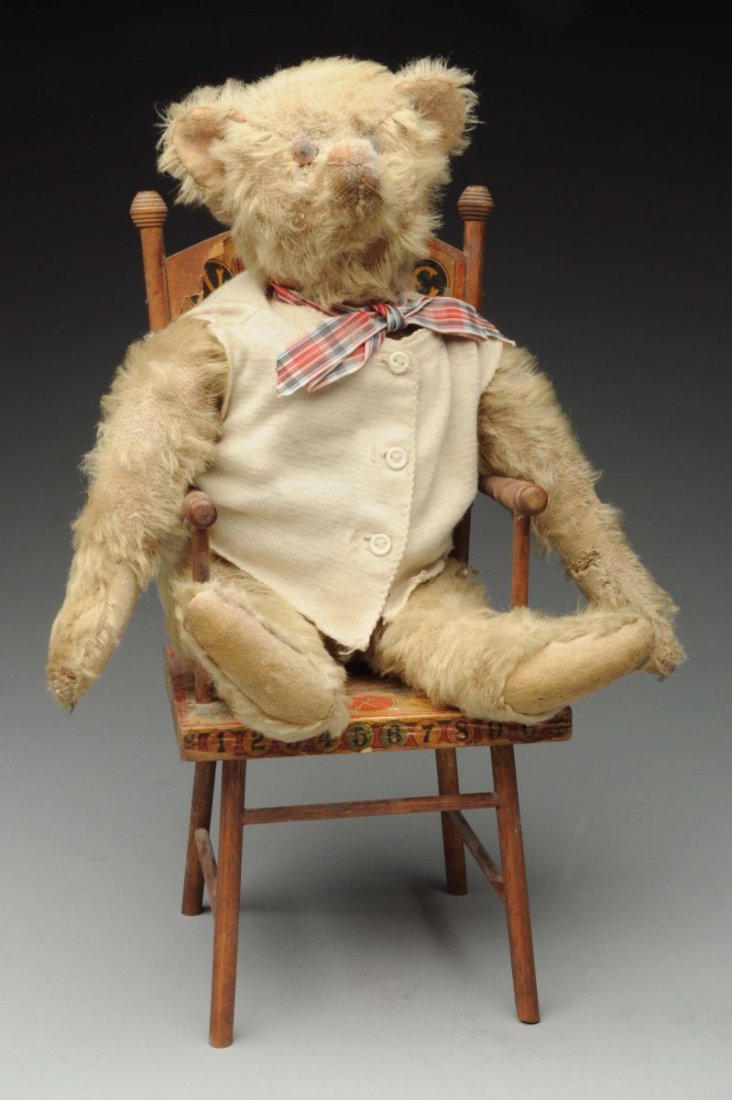 Lot Of 2: Steiff Teddy Bear & Chair.: Off-white color, no ID, glass eyes, and replaced ear liners. Circa 1920’s. Lot includes lithographed paper on wood ABC chair.
