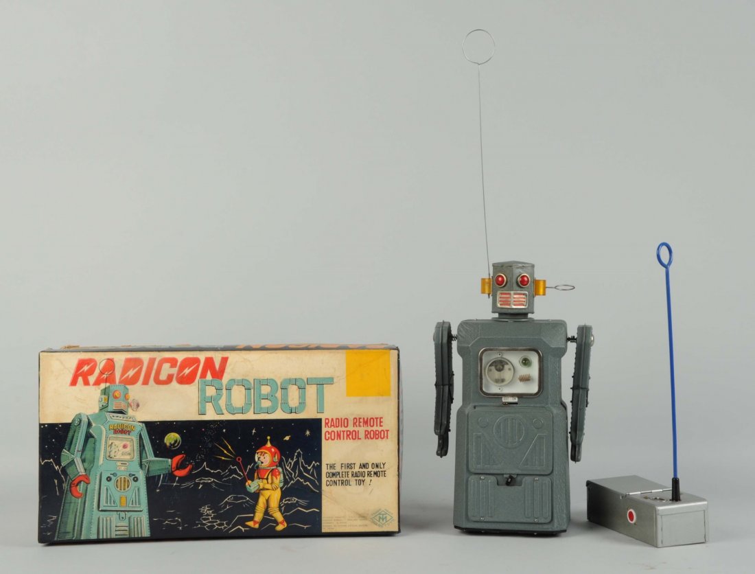 Japanese Tin Litho Gang Of Five Radicon Robot.: Battery - operated. In original box. Comes with original remote control and antenna. Made in Japan by Masudaya. Antenna on right side of robots head. Original box has beautiful colored graphics, is co