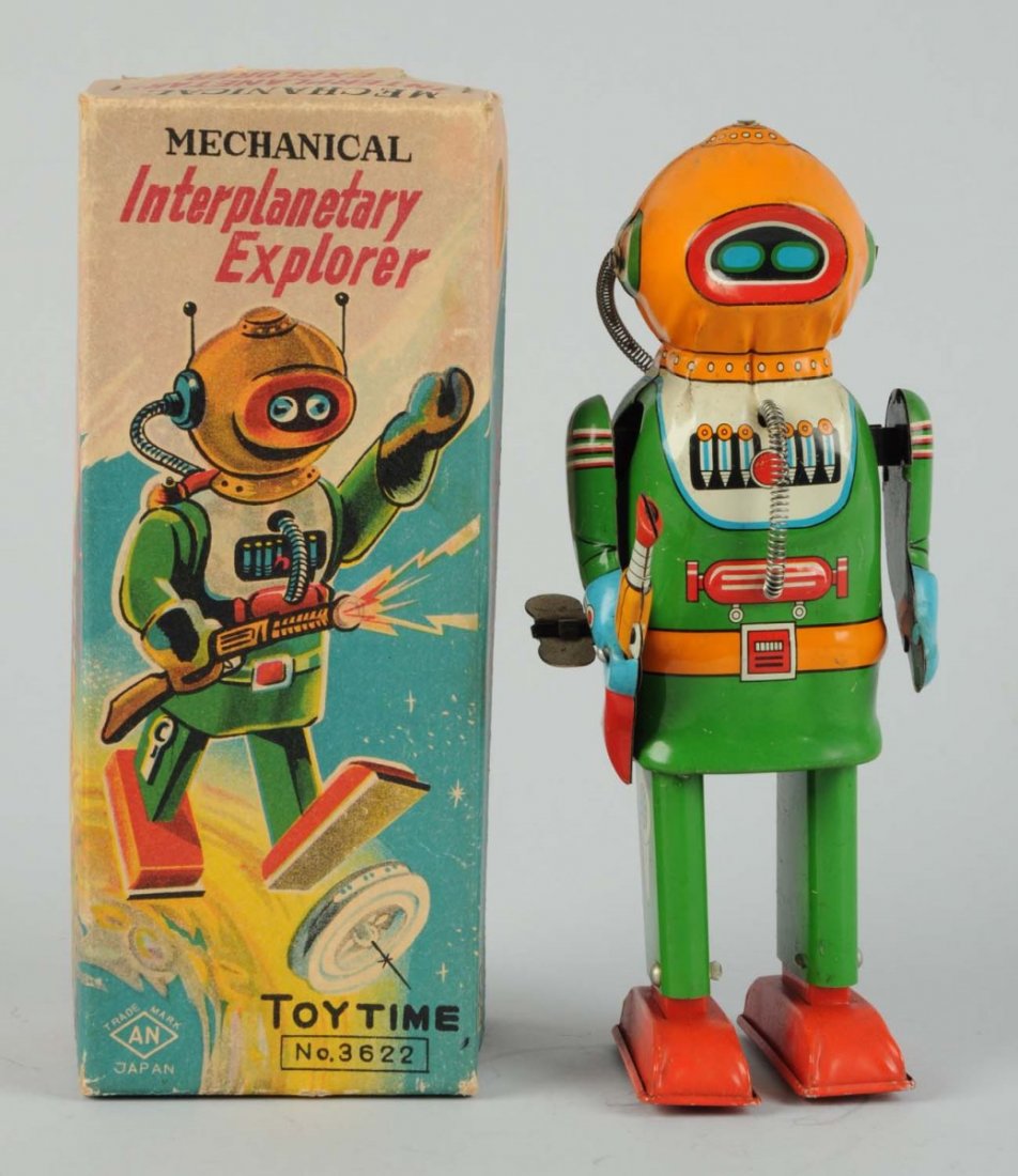 Japanese Tin Litho Interplanetary Explorer Robot.: Wind - up. In original box. Made in Japan by Naito Shoten. Extremely rare box. Original gun and wiring. Some minor scratching and wear to robot. One of the finer examples known. Provenance Griffith Co