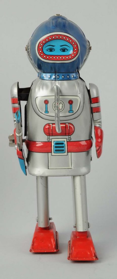 Japanese Tin Litho Deep Sea Diver Robot.: Made in Japan by AN. Original gun. Extremely difficult robot to find. Some scratching, mainly to arms and inside of arms. Metal coil wires have been replaced. Condition (Very Good - Excellent). Size 8