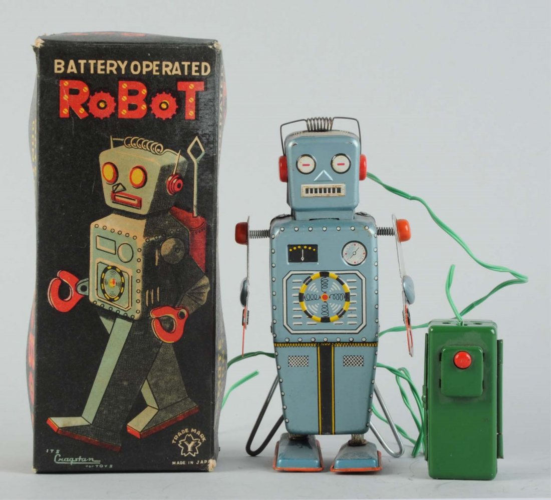 Japanese Tin Litho Easel Back Robot.: Battery - operated. In original box. Remote control. Made in Japan by Yonezawa. Box also marked "Cragstan". Box is all original, does have some edge wear and some fading to side panels. Robot has mino