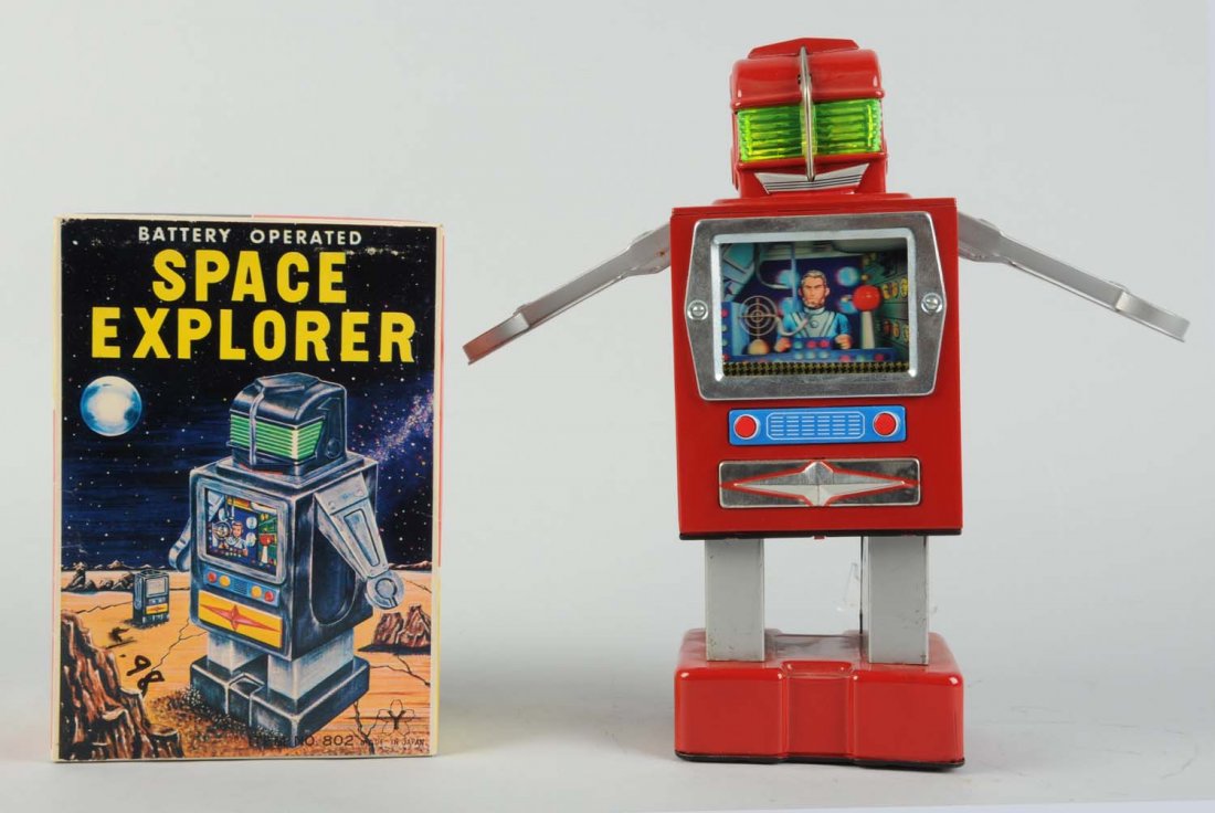 Japanese Tin Litho Space Explorer Robot.: Battery - operated. In original box. Made in Japan by Yonezawa. Box has only slight creasing, $4.98 written in marker on left bottom corner which is probably the original price. Box has two styrofoam 