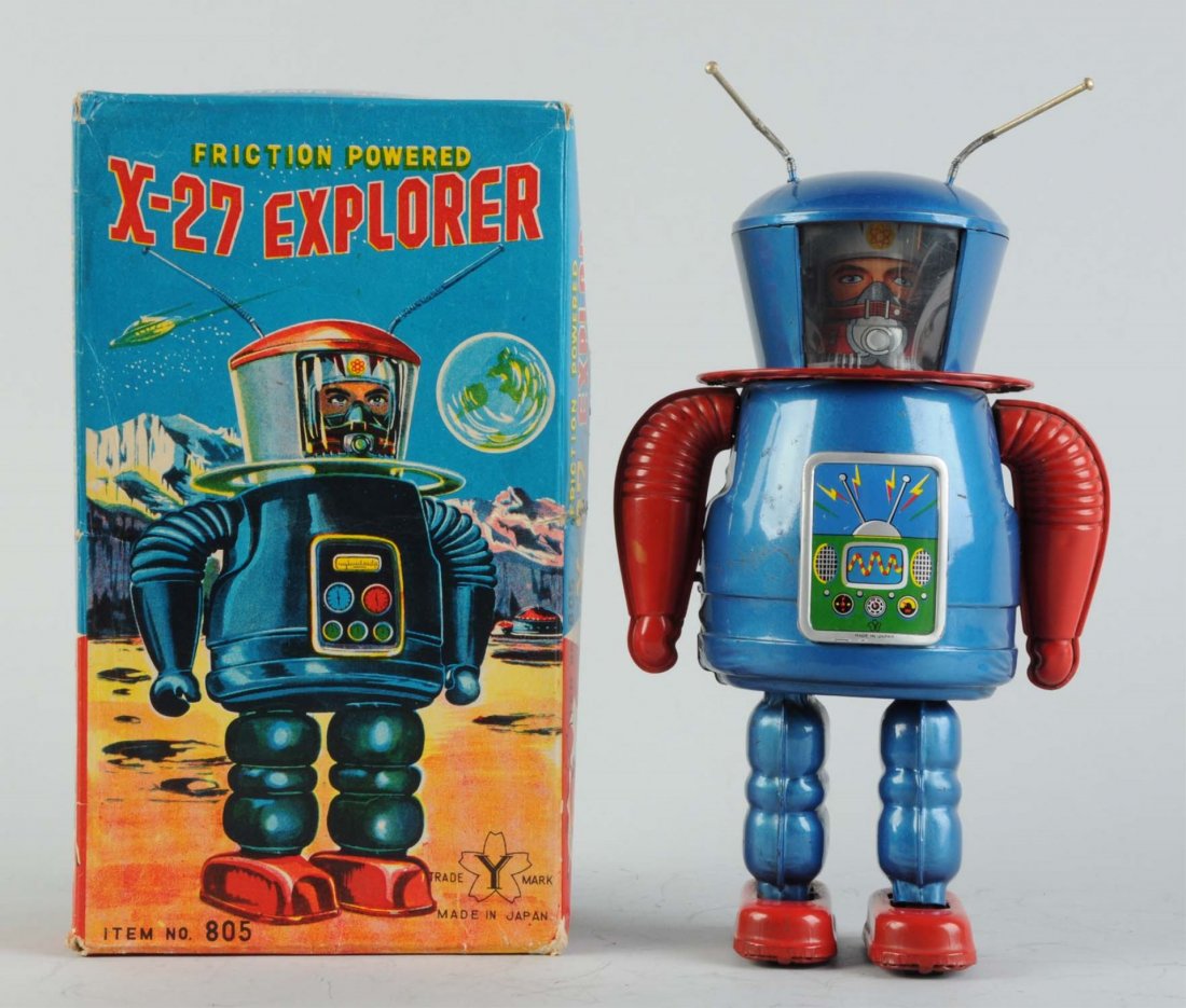 Japanese Tin Litho X - 27 Explorer Robot.: In original box. Hand crank - friction. Made in Japan by Yonezawa. Box has beautiful graphics, some creasing and edge wear to box. Minor scratching and wear to robot. Provenance Griffith Collection. C