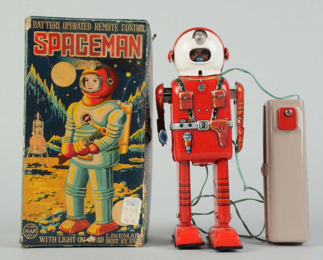 Japanese Tin Litho Space Man "Porthole" Robot.: Battery - operated. In original box. Remote control. Made in Japan by Linemar. Box has beautiful graphics of space man on planet holding gun. Original $2.98 price tag on bottom right corner box. Box h