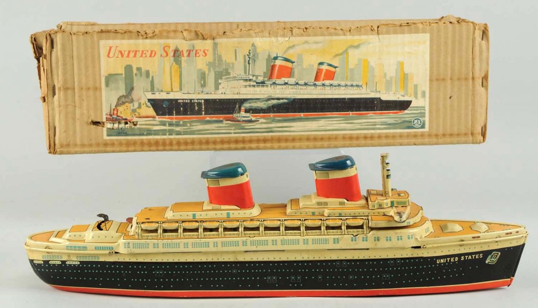 Tin Litho Battery-Op United States Ocean Liner.: Japanese. Toy has some general overall wear along with minor scratching throughout. Includes original box with nice color paper label on side. Box does have some creasing and tearing but is complete. 