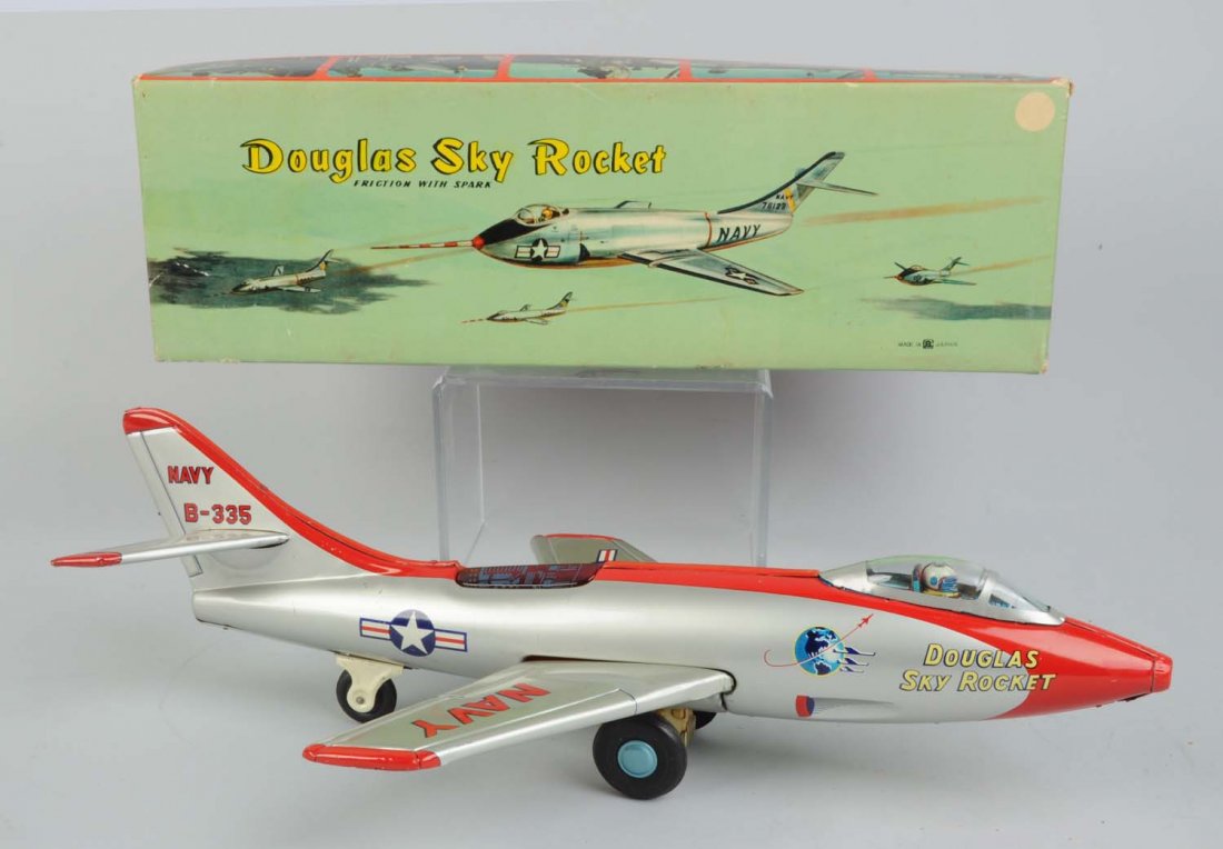 Japanese Tin Litho Friction Douglas Sky Rocket.: Includes original box, which is marked "Made in Japan" with Bandai insignia. Reads "Douglas Sky Rocket" on both sides of front, "Navy" on wing, and "Navy B-335" on both sides of tail fin. Original bub