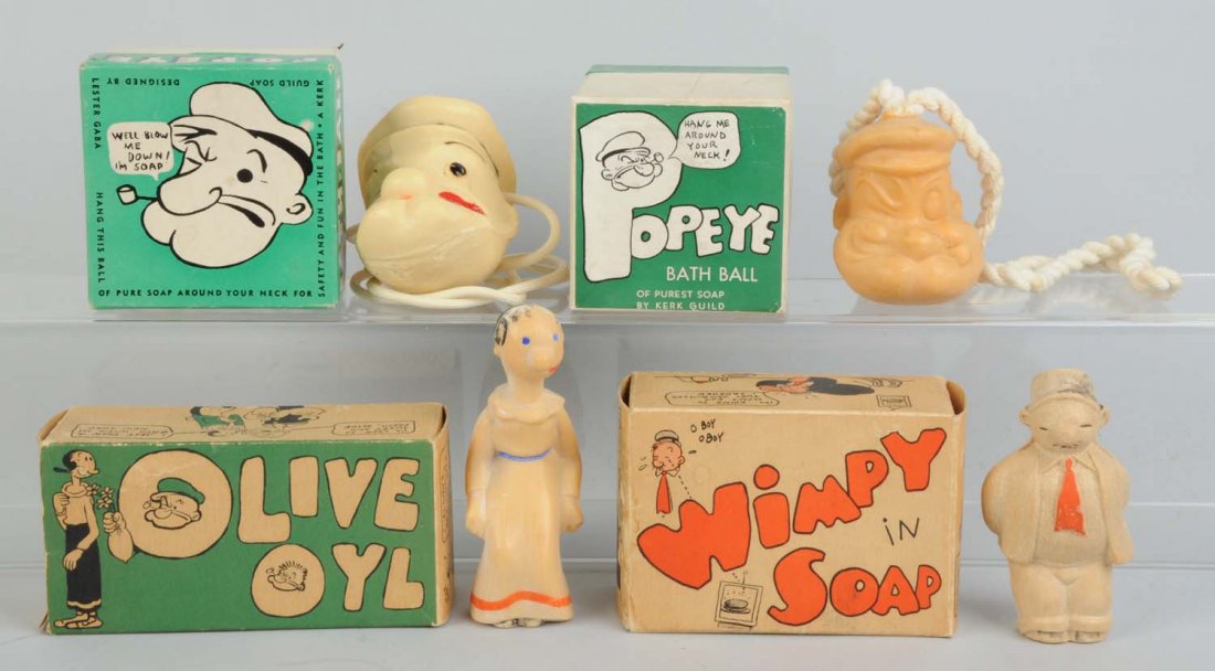 Lot Of 4: Popeye Character Soaps.: All have original boxes. Two are Popeye, one is Olive Oyl, and last one is Wimpy. All molded soap bath balls. Nice original boxes with nice graphics. Made by Kerk Guild. Some wear. Condition (Very Goo