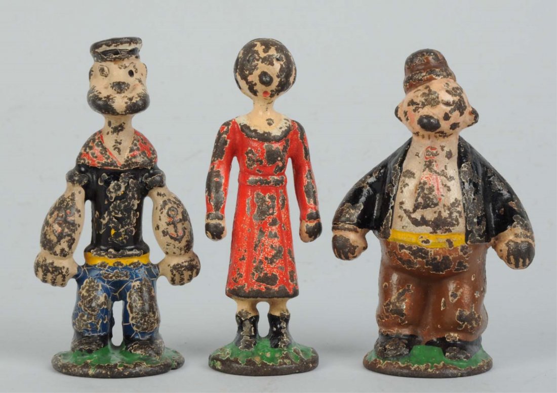 Lot Of 3: Popeye Hubley Cast Iron Paperweights.: Set of three includes Popeye, Wimpy, and Olive Oyl. Original but only about half the paint remains. Condition (Good - Very Good). Size Largest : 3 -1/4" T.