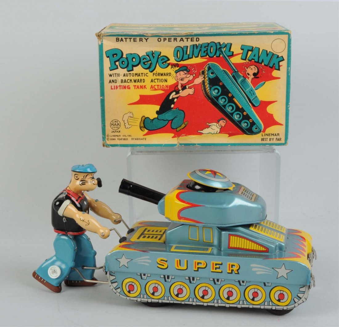Very Rare Linemar Popeye & Olive Oyl Tank.: Battery-operated. Includes ultra rare original box, which has some tearing and creasing. Box has one split at left bottom where two side flaps meet. Toy itself works well. There is only minor scratchi