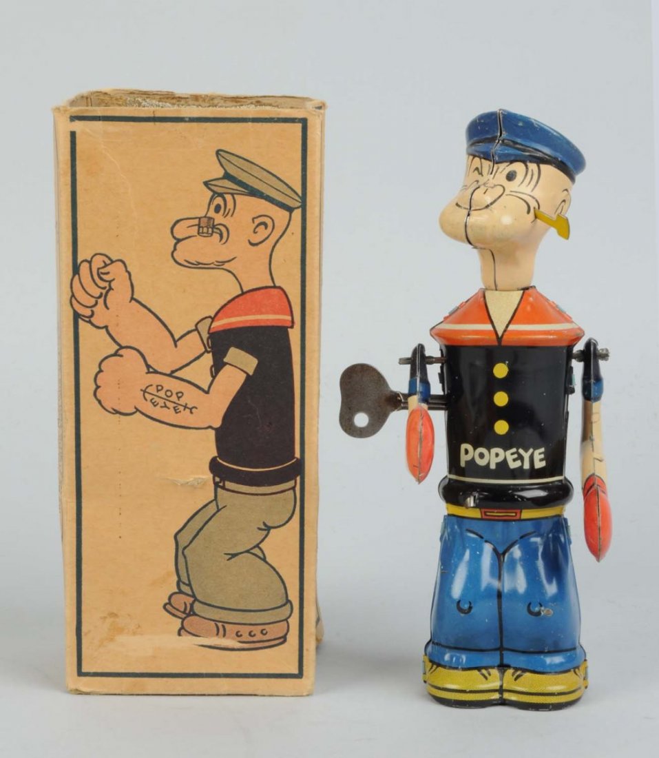 Chein Tin Litho Popeye Shadow Boxer Toy.: Comes with scarce original box. Marked "Copyright 1932 King Features Syndicate". Box is missing top flap and top two inner flaps. Marked "No. 254 Shadow Boxer" on bottom flap. There is some creasing a