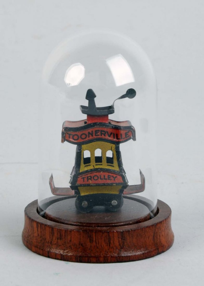 German Nifty Cracker Jack Toonerville Trolley Toy: Came in a box of Crack Jack. Pre-war. Marked "Toonerville Trolley" and "Copyright 1922 Fontaine Fox". Original stack and pole. Condition (Very Good - Excellent). Size 3 -1/2" T.