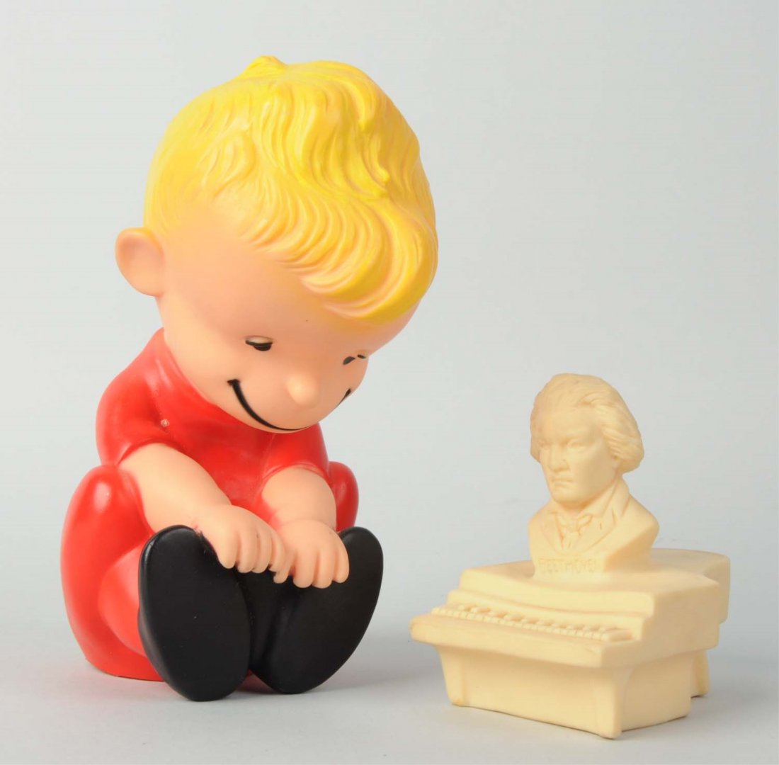 Peanuts Hungaford Schroeder Figure With Piano.: Made of vinyl. Circa 1960. Bright colors. Includes very rare original piano that has Beethoven's bust molded to the top of it, and says "Beethoven" where it attaches to piano. Marked "United Feature S
