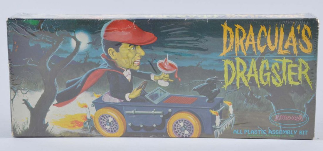 Aurora Dracula's Dragster Model Kit.: In colorful original box. Has been resealed in new plastic. Kit is complete. Some edge wear to box. Condition (Very Good - Excellent). Size 13" x 5".