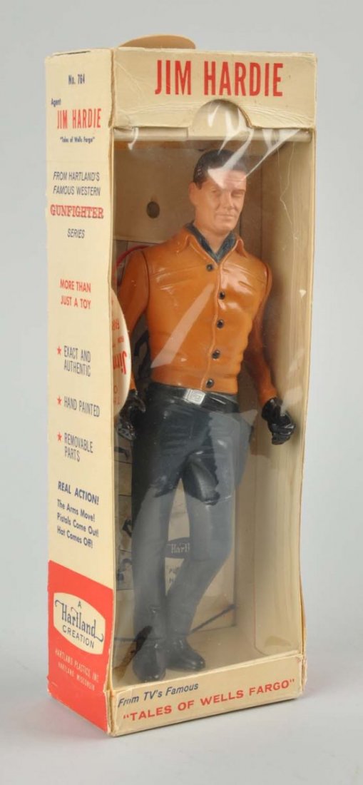 Hartland Jim Hardie Plastic Gunfighter Figure.: In original box. Includes original pamphlet behind figure (pamphlet has some wear) and original cardboard hang tag. The original hat and gun are sealed in plastic under top flap. One small inside flap