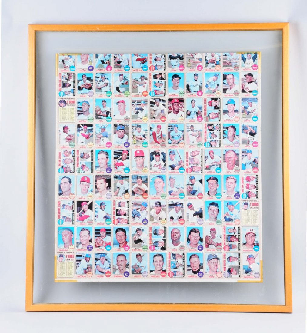 Framed 1968 Topps Baseball Card Sheet.: Uncut, there are rows of 11 cards by 9 cards. Many hall of famers, including Willie Maze, Bob Gibson, Billy Williams, Brooks Robinson and others. Very difficult to find an uncut sheet, has been framed