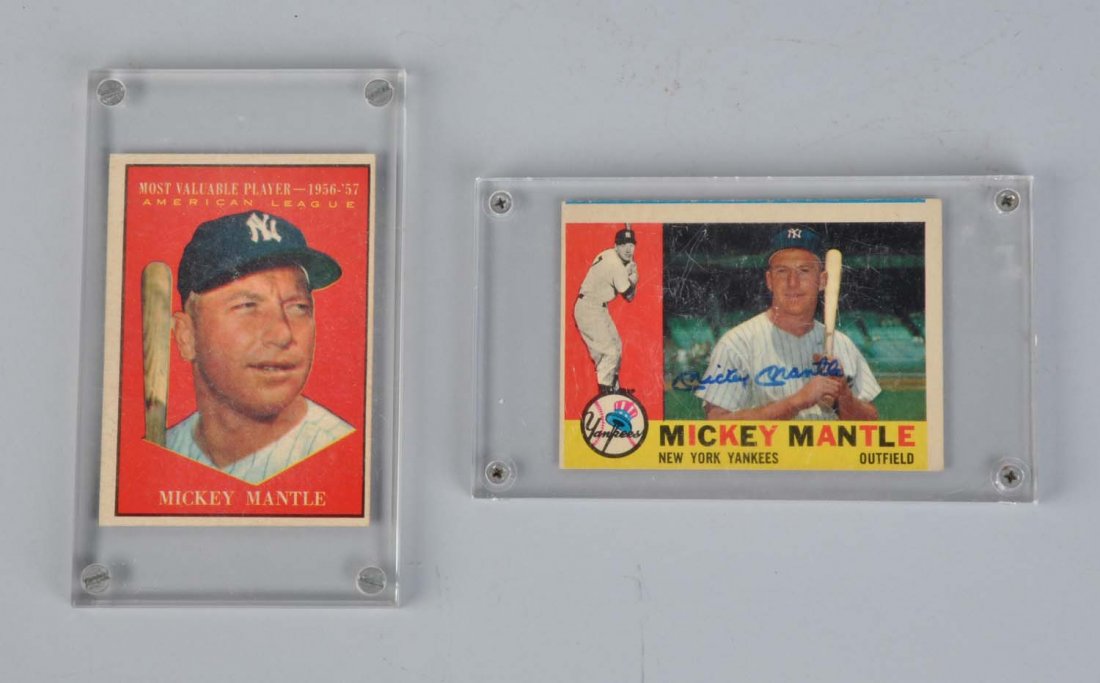 Lot Of 2:1960's Topps Mickey Mantle Baseball Cards: Includes a 1960 No. 350, and a 1961 No. 475. 1960 card is a nice horizontal image of Mantle holding and in left handed pose, the card itself is centered right to left 80 - 20 and top to bottom, miss c