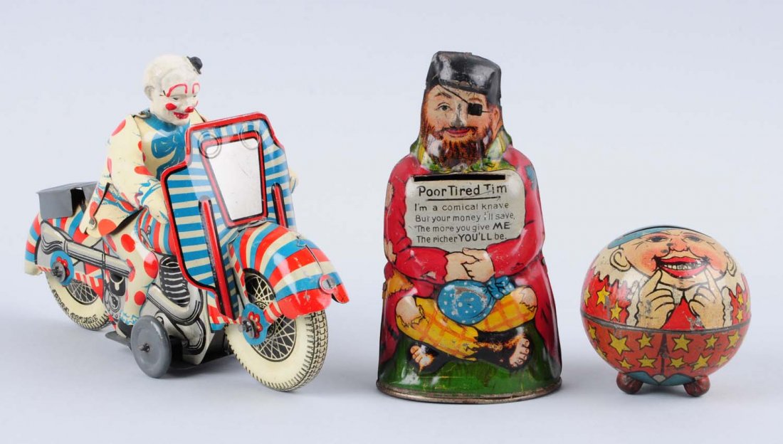 Lot Of 3: Tin Toys.: Tin Poor Tired Tim , Small Tin Round Bank, Tin Windup Clown On Motorcycle. Size Largest : 7 -1/2" L.