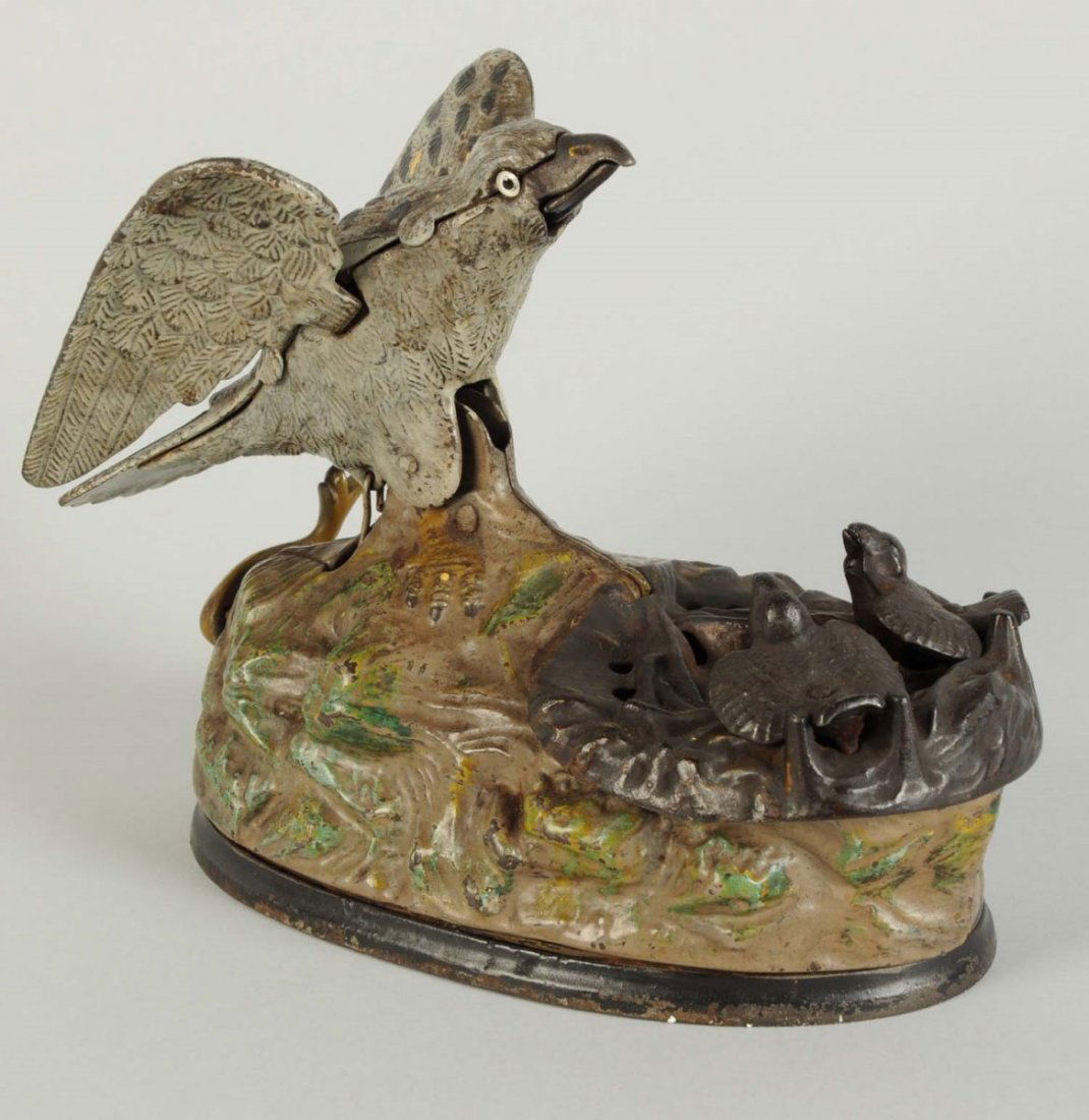 Eagle & Eaglets Mechanical Bank.: Manufactured by J.&E. Stevens & Co.. All original working condition. Includes working bellows. Condition (Excellent). Size 8" L.