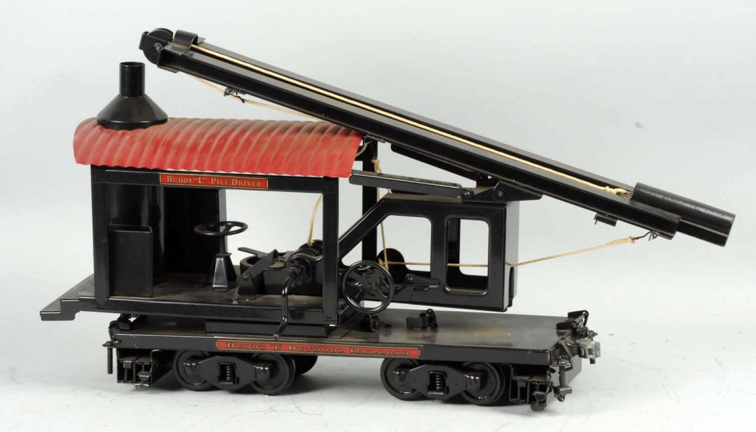 Pressed Steel Buddy L Railroad Pile Driver Car.: Contemporary car is all original in unplayed with condition. Complete. Condition (Near Mint). Size 27" L.