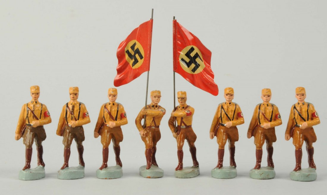 Lot Of 8: 7cm SA Soldiers.: Marching with backpacks including flagmen. Condition (Very Good - Excellent).
