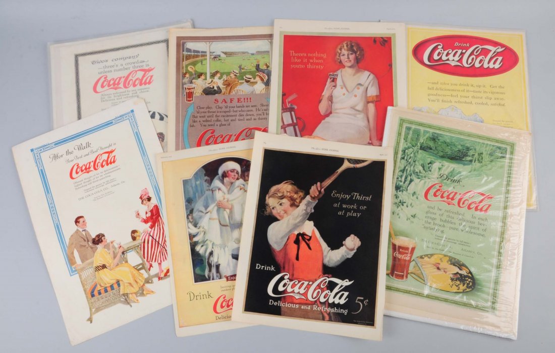 Large Lot Of Coca-Cola Magazine Ads.: 1915-20's. 12 wonderful color ads with great graphics. Little to no wear. Condition (Near Mint). Size Largest : 16 -1/2" L.