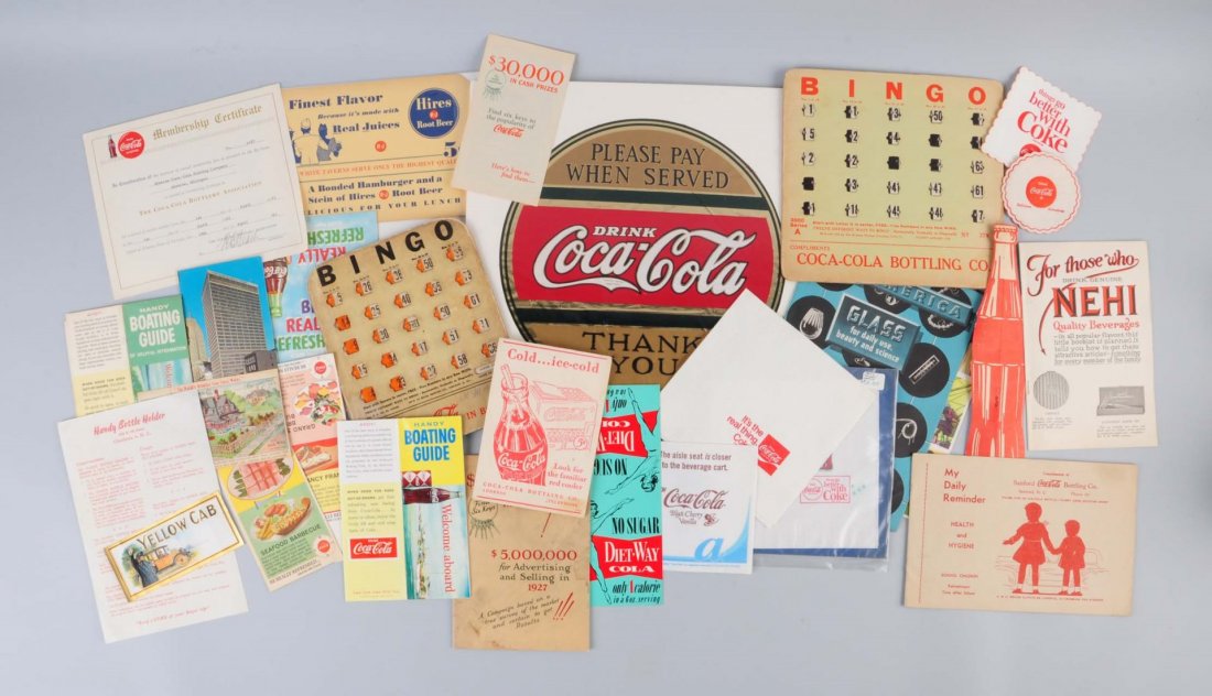 Lot Of Assorted Coca - Cola And Other Paper Items.: Includes two bingo boards and a daily health and hygiene booklet. Also has a coke and Nehi booklet featuring assorted premiums from the 20s and 30s. Condition (Very Good - Near Mint). Size Largest : 1