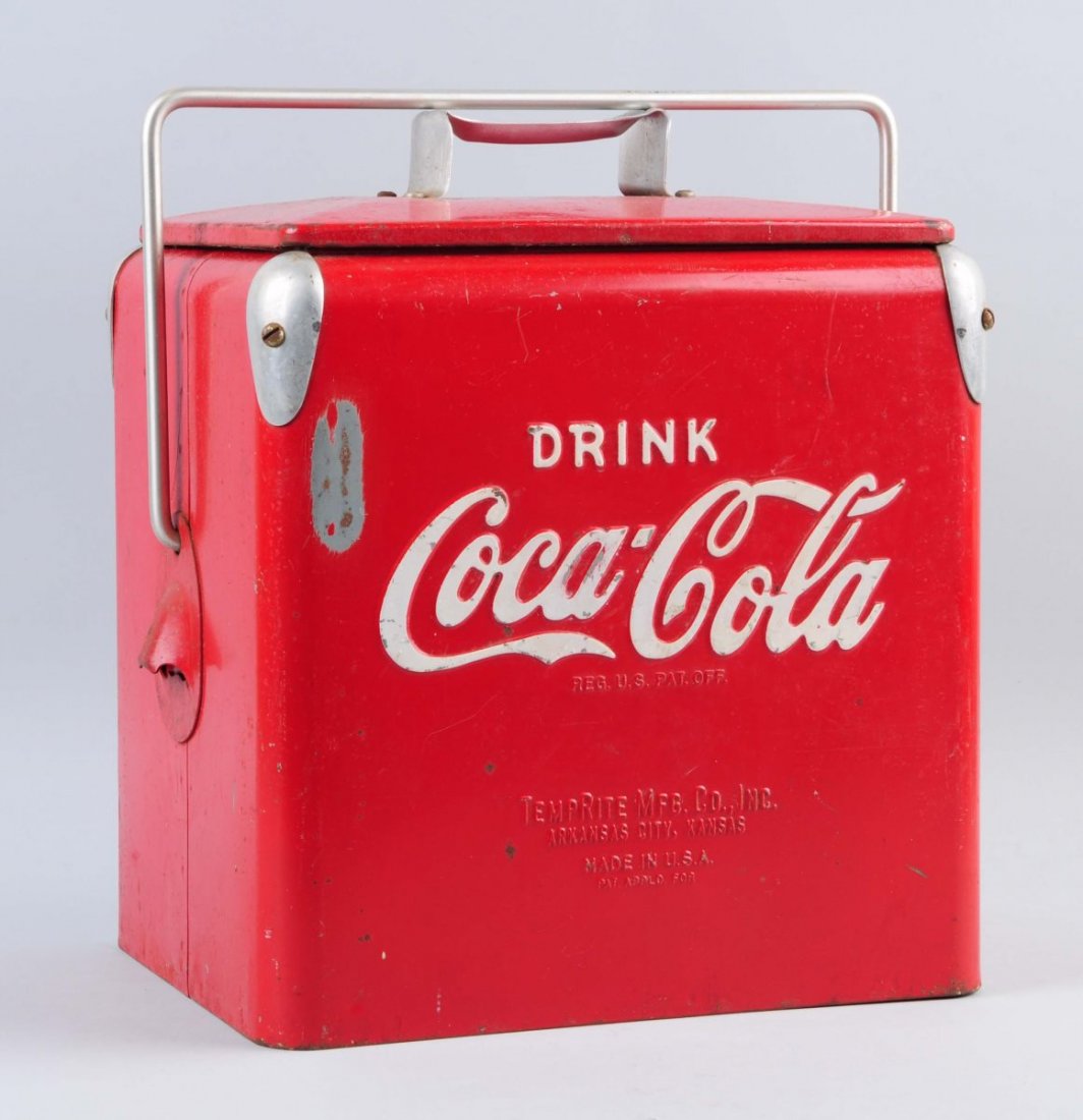 1950s Coca - Cola Cooler.: Moderate rubs and scratches to cooler. Some spotting to the lid. Condition (Good). Size 14" T.
